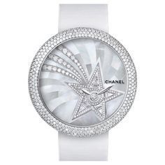 Chanel Style No: H4531 Chanel Mademoiselle Privé Quartz Watch - White Gold Diamond Case - Pearl Marquetry And Comet Motif Diamond Dial - White Satin Strap 37.5mm 18K white gold case 570 brilliant-cut diamonds (~3.14 carats), 9.84 mm thick, pearl marquetry and comet motif dial 141 brilliant-cut diamonds (0.37 carat) and 10 baguette-cut diamonds (~0.66 carat), high precision quartz movement, white satin strap, 18K white gold folding buckle set with 80 brilliant-cut diamonds (~0.49 carat). Water re Chanel Watches Women, Jewellery Watch, Artistic Crafts, Chanel Mademoiselle, Chanel Watch, Watches Rolex, Skeleton Watches, Watch Trends, Jewelry Watch