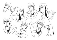 an animation character's head with different facial expressions and haircuts, including one man