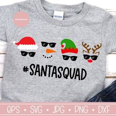 this is an image of santasquad shirt with sunglasses and hats on it