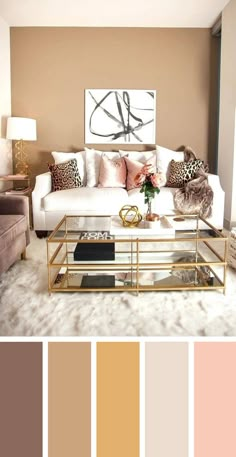 a living room filled with furniture and lots of color swatches in shades of brown, pink