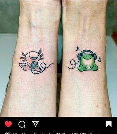 two people with matching tattoos on their arms, one is listening to music and the other has an alarm clock