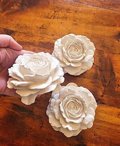 three white flowers sitting on top of a wooden table next to a person's hand