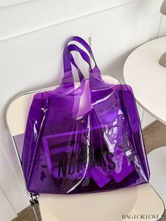 BagForLove - Letter Print PVC Tote Bag with Generous Capacity Casual Large Capacity Purple Bag, Large Capacity Purple Bucket Bag, Large Capacity Purple Bags For Summer, Large Capacity Purple Bag For Summer, Summer Large Capacity Purple Bags, Trendy Purple Bucket Bag, Casual Purple Double Handle Bag, Trendy Large Capacity Purple Bags, Purple Beach Bag For Daily Use