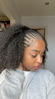 #conrows #conrow #braids #blackgirl #blackgirlshairstyles #halfuphalfdownhair #halfbraid #halfbraidhalfcurls #naturalhairstylesforblackwomen #naturalhaircare #naturalhairstyle #curlyhairideas #4ahair #4bhair #4ahairstyl #type4hair Braids In The Front Afro In The Back, Afro With Braids On The Side, Natural Hair Half Braided Half Out, Half Braids Half Afro, Half Braids Natural Hair, Conrows Lines And Braids Natural Hair, Half Head Cornrows Braids, Fulani Braids Natural Hair Curly, Front Half Braided Hairstyles