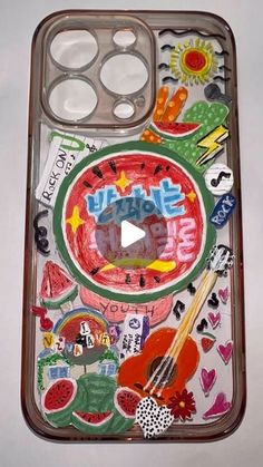 a cell phone case with various stickers on it