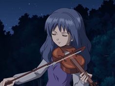 a woman holding a violin while standing in the woods at night with her eyes closed