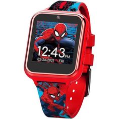 a red and blue watch with spiderman on it's face is shown in front of a white background