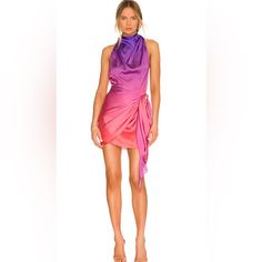 Baobab X Revolve Providencia Dress In Sunset Ombre Draped High Neck Price: $135 (Was $240) Size: Various Collection: Baobab Collection Material: Poly Blend Made In Colombia Dry Clean Recommended Unlined Design: Draped Halterneck Tie Closure Skirt Overlay With Tie Closure Fluid Satin Fabric With Open Back Revolve Style No. Bbab-Wd21 Manufacturer Style No. Providencia Dress Features: Mini Length High-Neck Open-Back No Zipper Or Hooks, Just Slip It On! Ties At The Back And Waist For A Perfect Fit S Purple Draped Silk Dress, Purple Sleeveless Silk Mini Dress, Purple Silk Mini Dress, Sunset Ombre, Cruise Party, Baobab Collection, Revolve Style, Instagram Influencer, Prom Party