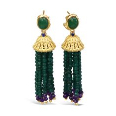 STYLE NOTES This pair of intricately detailed show-stoppers takes its inspiration from La Belle Époque. It should be reserved for evening wear and special occasions as it instantly draws the eye and excites. These timelessly elegant tassel earrings add a unique spin to the effortlessly glamorous look. They are crafted from gold-plated 925 sterling silver and detailed with an array of fabulous gemstones such as green agate, amethyst, aventurine, and cosmo cubic zirconia. - Post and clasp fastenin Glamorous Jewelry, Cocktail Jewelry, Green Agate, Earrings Statement, Online Earrings, Bead Earrings, Agate Beads, Gold Plated Earrings, Belle Epoque