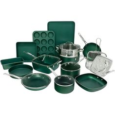 an assortment of green pots and pans