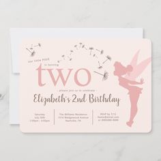 a pink birthday party card with a fairy on the front and dandelions in the back