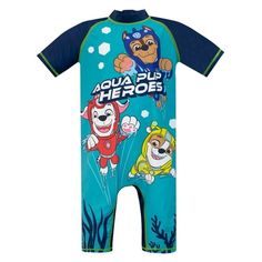 Boys Paw Patrol Surf Suit. Get your pup ready to dive into an aquatic adventure with this paw-some swimsuit! This blue short sleeve all in one surf suit showcases Chase, Marshall and Rubble swimming underwater with the slogan 'Aqua Pup Heroes', surrounded by bubbles and seaweed. Essential swimwear for Paw Patrol fans! Size: 2T.  Gender: male.  Age Group: kids. Paw Patrol Aqua Pups, Paw Patrol Coloring, Paw Patrol Pups, Diving Suit, Surf Suit, Boys Swimwear, Boys Bottoms, Swimming Costume, Kids Clothes Boys