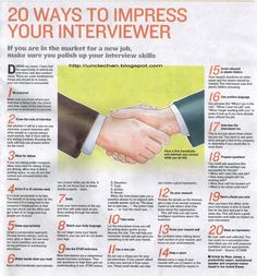 a newspaper article with an image of two hands shaking each other's hand and the words 20 ways to impress your interview