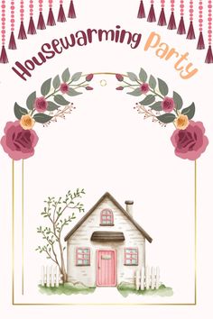 a housewarming party with flowers and a pink door