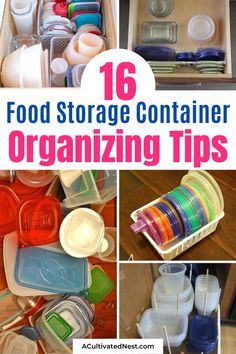 food storage containers are organized with plastic cups and spoons to keep them organized in the kitchen