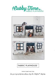 an advertisement for fabric playhouse with two children playing in the play house and on the floor