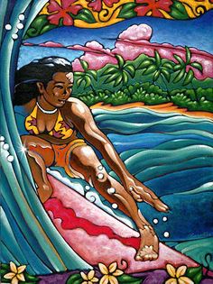 a painting of a woman on a surfboard in the ocean with flowers and waves