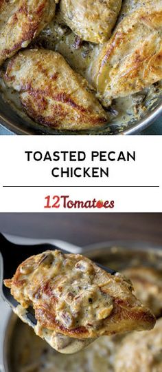 two pictures showing different types of food being cooked in a skillet with the words toasted pecan chicken