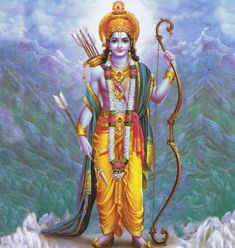 the god is standing in front of mountains and holding a staff with his hands,