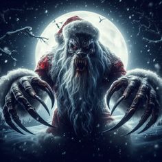 an evil santa clause with claws and fangs in front of a full - moon background