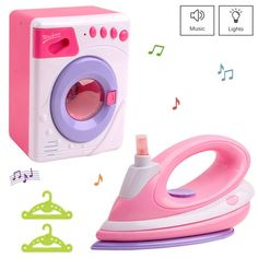 a pink and white electric ironing machine with music notes