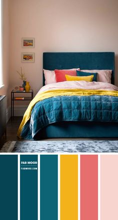 a bedroom with blue, yellow and pink colors in the bedding is featured on this page