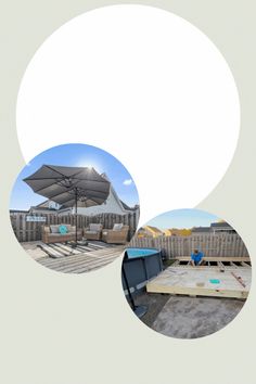 three different images of an outdoor area with tables and umbrellas