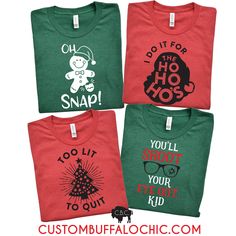 These family funny Christmas shirtsYou'll shoot your eye outToo Lit to QuitHoping Rudolph ate the naughty listI do it for the Ho Ho Ho'sOh Snap GingerbreadWonderful time for a BeerIs your House on Fire Clark?These Bella + Canvas super soft tees are made of 52% Airlume combed and ring-spun cotton, 48% polyesterThese unisex shirts run true to size, size down for a more fitted look and size up if you would like to tie it. Looking for a fitted women's tee? Message me!CARE INSTRUCTIONS: Machine wash Funny Family Christmas Shirts, House On Fire, Funny Family, Family Funny, Family Humor, Funny Christmas Shirts, Family Christmas Shirts, Funny Christmas, Unisex Shirts