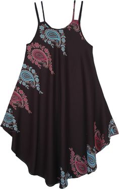 A sleeveless black free-size dress with ethnic paisley prints in pink and cyan blue colors on soft rayon fabric.  This freestyle dress features tank top style twin string shoulder straps that look fancy and trendy. #tlb #Sleeveless #HighLow #beachwrap #Printed #Paisley #BlackDress Black Printed Sleeveless Sundress, Black Bohemian Sleeveless Sundress, Sleeveless Sundress With Paisley Print For Summer, Black Flowy Bohemian Sundress, Bridesmaids Outfits, Black Dress Sleeveless, Hippie Look, Trendy Skirts, Printed Summer Dresses