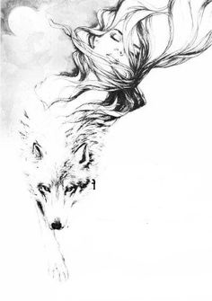 a black and white drawing of a woman with her hair blowing in the wind next to a wolf