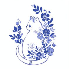 a blue and white drawing of a cat surrounded by flowers