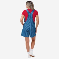 Show your team spirit in these stylish and comfortable Chicago Cubs Women's Pinstripe Bib Shortalls. With their all-over team-colored design and bold team logo display, these shortalls are the perfect way to show your support for the Chicago Cubs while displaying your pinstriped pride in your team and everything they accomplish during the game. The bib pocket is perfect for storing your phone, makeup, jewelry, skincare products, fragrances, or other essentials, and the adjustable bib shoulder st Casual Striped Overalls With Pockets, Striped Cotton Overalls, Retro Blue Cotton Shortalls, Striped Cotton Overall Jumpsuits And Rompers, Summer Striped Cotton Overalls, Chicago Cubs Outfit, Logo Display, One Piece Pajamas, Bib Overalls