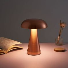 a table lamp sitting on top of a table next to an open book