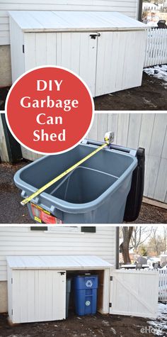 three pictures showing the different types of garage storage shed with text overlay that says diy garbage can shed