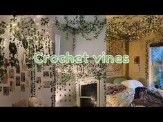 there are two pictures with vines on the wall and one has a bed in it