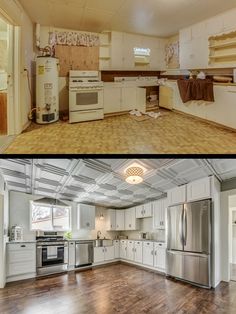 before and after pictures of a kitchen remodel with white cabinets, wood floors