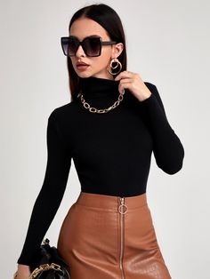 Black Basics  Long Sleeve Polyester Plain Basic Tops Embellished Slight Stretch Fall/Winter Women Knitwear How To Look Expensive, Elegante Casual, Drop Shoulder Sweaters, Womens Turtleneck, Long Sleeve Turtleneck, Ribbed Knit Sweater, Knitting Women Sweater, Knitted Pullover Sweaters, Trendy Fashion Women