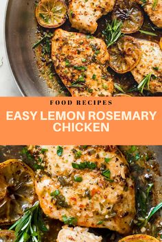 easy lemon rosemary chicken recipe in a skillet with oranges and herbs on the side