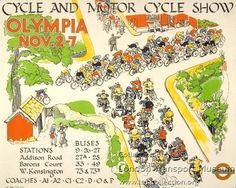 an old bicycle and motor cycle show poster from the early 1900's, showing people riding bicycles