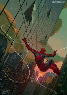 a spider - man flying through the air in front of tall buildings