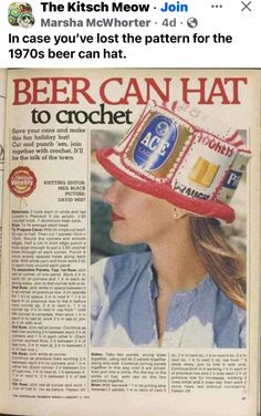 a newspaper article with a woman wearing a beer hat