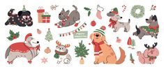 christmas dogs and presents are shown in this holiday themed wall decal set, which includes an assortment of festive items