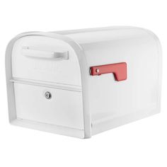 a white mailbox with a red handle on the front and bottom part of it