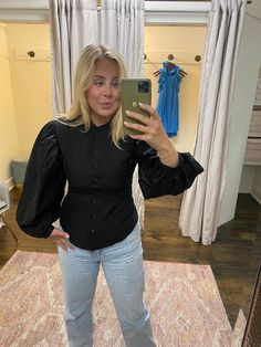 Pleated black puffy sleeve top is so flattering, a must have for your closet! Black Puffy Sleeve Top, Puff Sleeve Blouses, Puffy Sleeve Top, Frill Tops, Puff Sleeve Blouse, No Frills, Military Jacket, Puff Sleeve, Must Haves