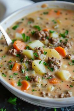 a close up of a bowl of soup with meat and vegetables on the side, garnished with parsley