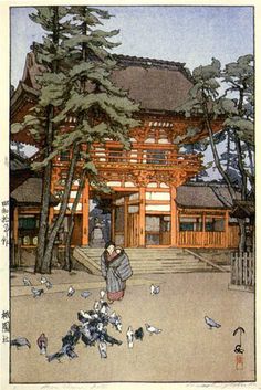 a painting of a woman walking in front of a building with birds around her and trees