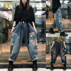 Retro Printed Loose Denim Pants Denim Cotton, Loose Pants, Denim Fashion, Denim Pants, Fashion Pants, Harem Pants, How To Look Better, Loose Fitting, Pants For Women