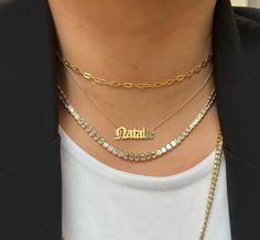 Metal: Available in 14k Yellow Gold, 14k White Gold, 14k Rose Gold Length: 16", 18", 20" Link Size: 2mm x 6mm Note: This particular necklace can be clasped on any link. Want a piece customized? Contact us: email AB@alexandrabeth.com Paper Clip Chain Necklace, Nameplate Necklace Gold, Nameplate Necklace, Bezel Set Diamond, Gold Paper, Tennis Necklace, Emerald Cut Diamonds, Rose Gold Necklace, Dainty Necklace