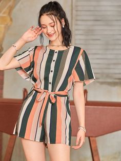 Block Striped Half Button Self Tie Romper | SHEIN USA Comfy Jumpsuits, Design Clothes, Wide Leg Jumpsuit, Rompers Women