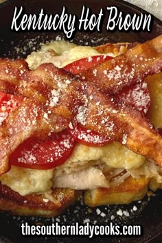 An open-faced hot brown in an iron skillet with turkey, bacon, cheese and Texas toast plus tomato slices. The Hot Brown Sandwich, Ky Hot Brown Sliders, Kentucky Hot Brown Sandwich Derby, Kentucky Hot Brown Casserole Paula Deen, Mornay Sauce Kentucky Hot Brown, Hot Brown Sandwich Recipe, Easy Hot Brown Recipe Kentucky